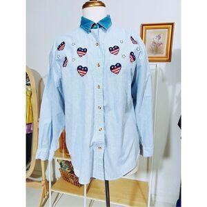 Vintage Patriotic Blue Striped Button Down Blouse